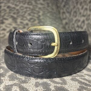 Vintage peterborough Row Black Leather Belt with Gold Buckle alligator embossed